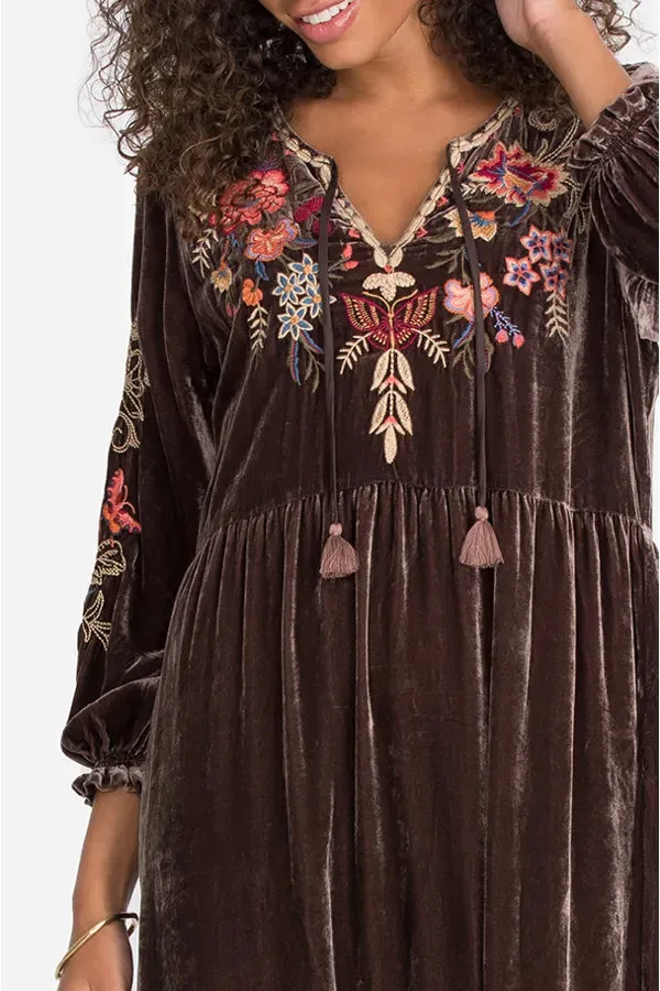 JOHNNY WAS TALINE VELVET MIDI DRESS/  RUST