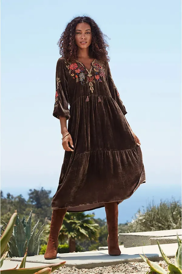 JOHNNY WAS TALINE VELVET MIDI DRESS/  RUST