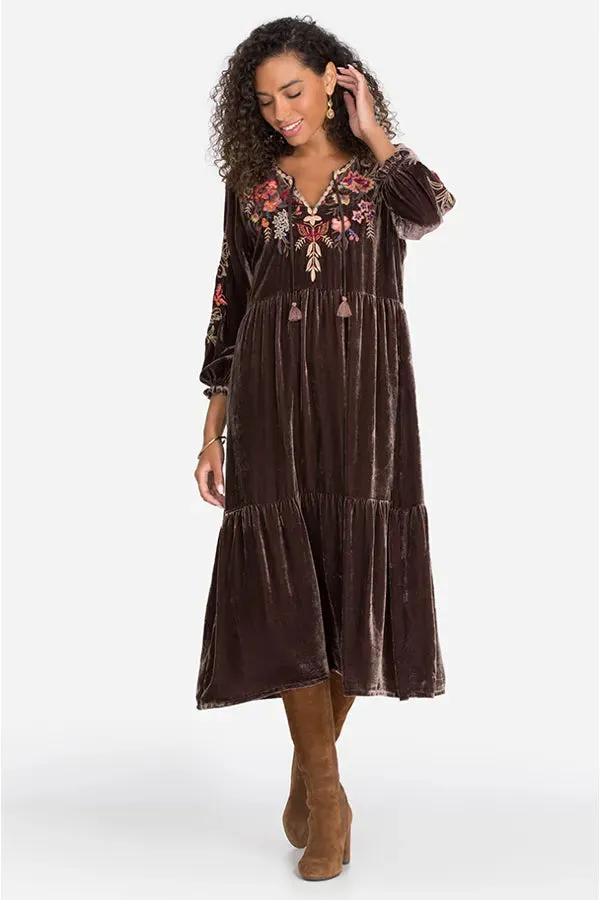 JOHNNY WAS TALINE VELVET MIDI DRESS/  RUST