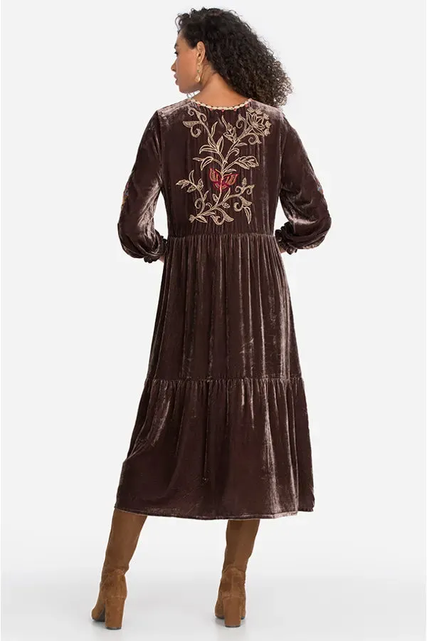 JOHNNY WAS TALINE VELVET MIDI DRESS/  RUST