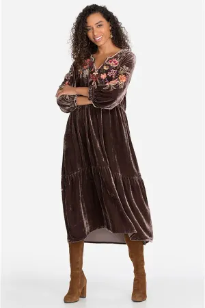 JOHNNY WAS TALINE VELVET MIDI DRESS/  RUST