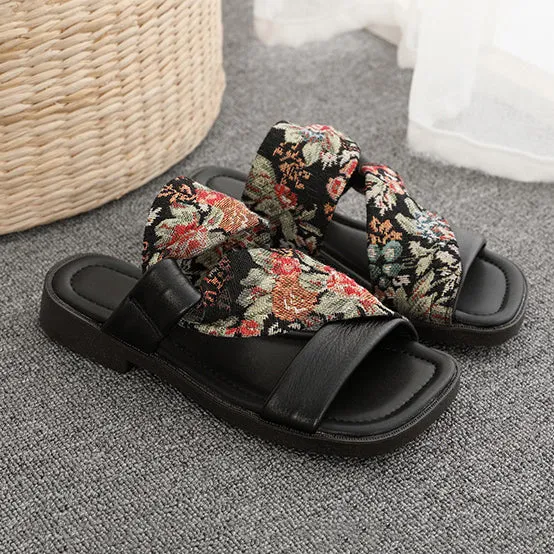 Linen Printed Fashion Open Toe Genuine Leather Slippers