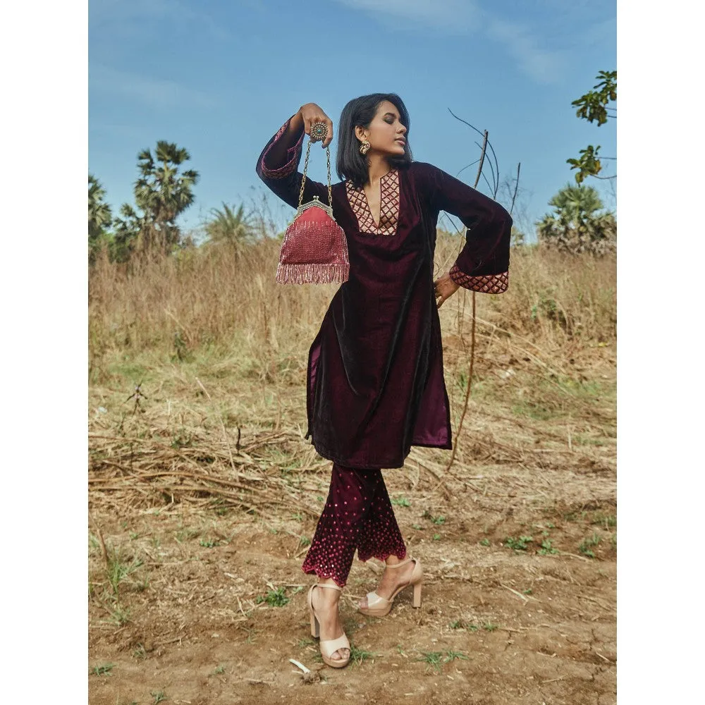 MONK & MEI Anne Kurta And Pant Wine (Set of 2)