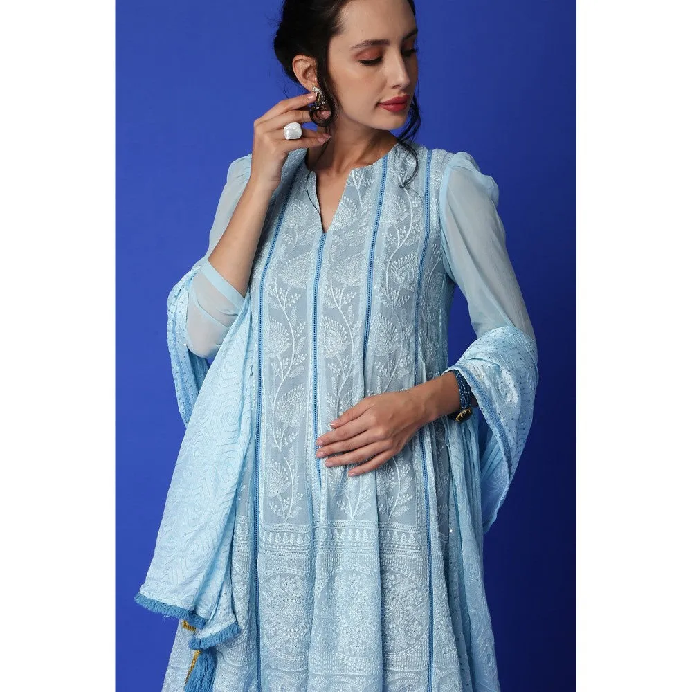 MONK & MEI Mumtaz Chikankari Anarkali Kurta - Pant & Dupatta - Ice Blue