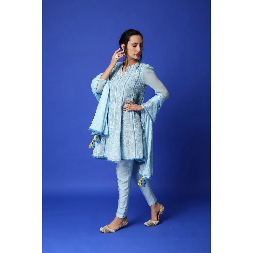 MONK & MEI Mumtaz Chikankari Anarkali Kurta - Pant & Dupatta - Ice Blue