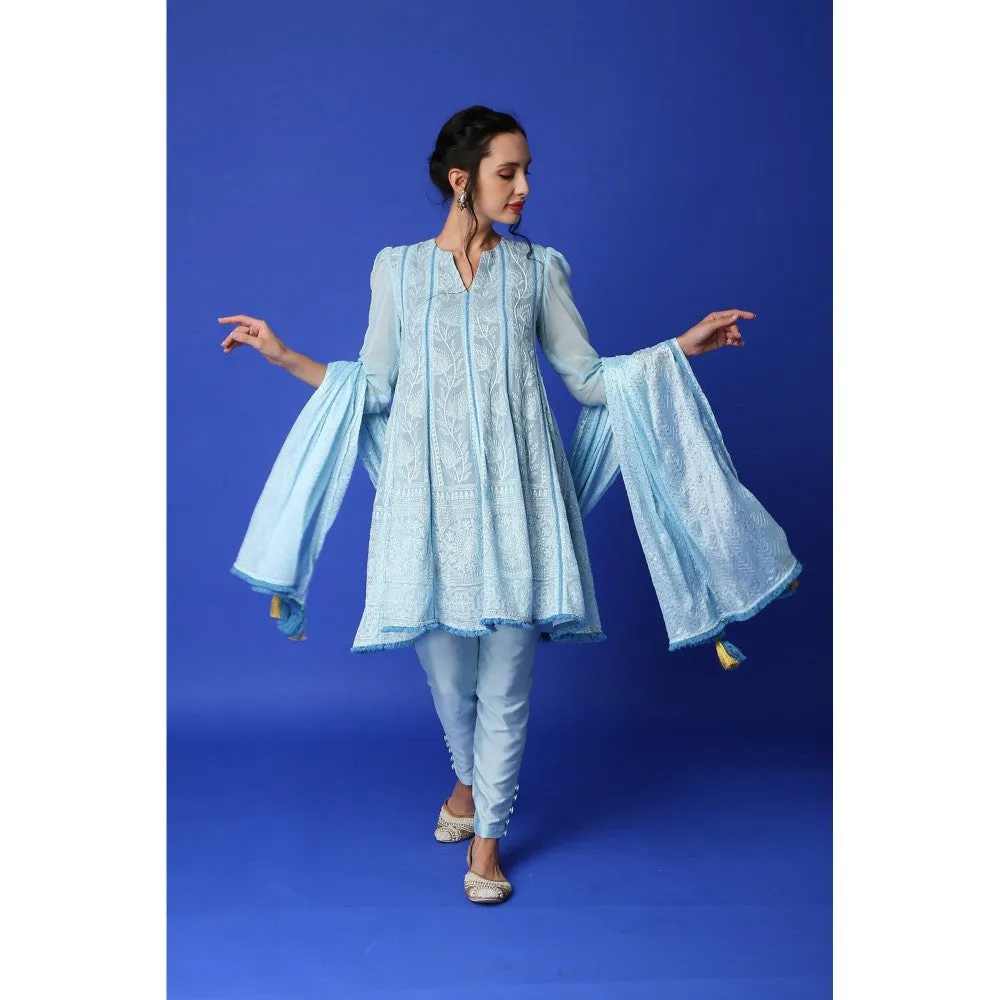MONK & MEI Mumtaz Chikankari Anarkali Kurta - Pant & Dupatta - Ice Blue