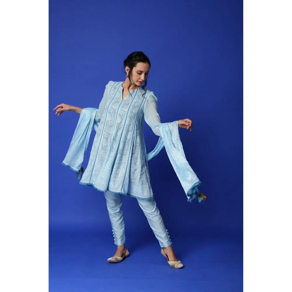 MONK & MEI Mumtaz Chikankari Anarkali Kurta - Pant & Dupatta - Ice Blue