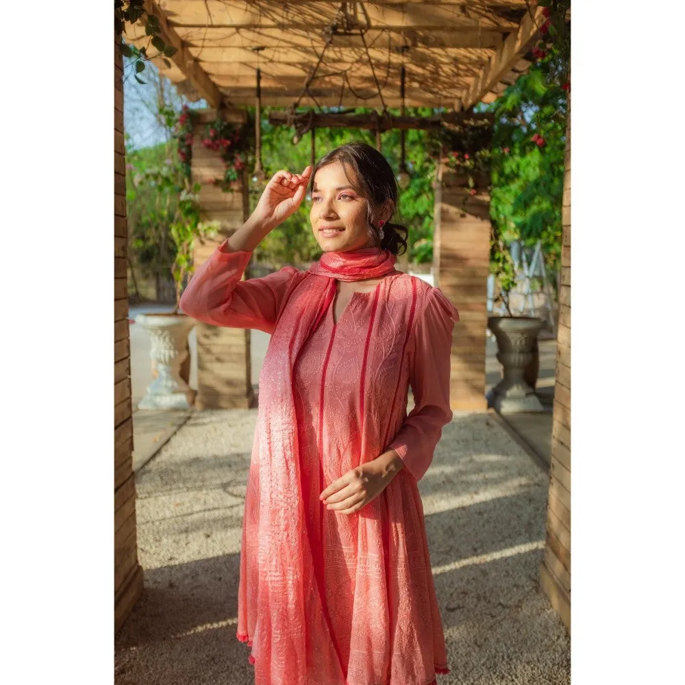 MONK & MEI Mumtaz Chikankari Anarkali Kurta Pants Dupatta Peach Melon (Set of 3)