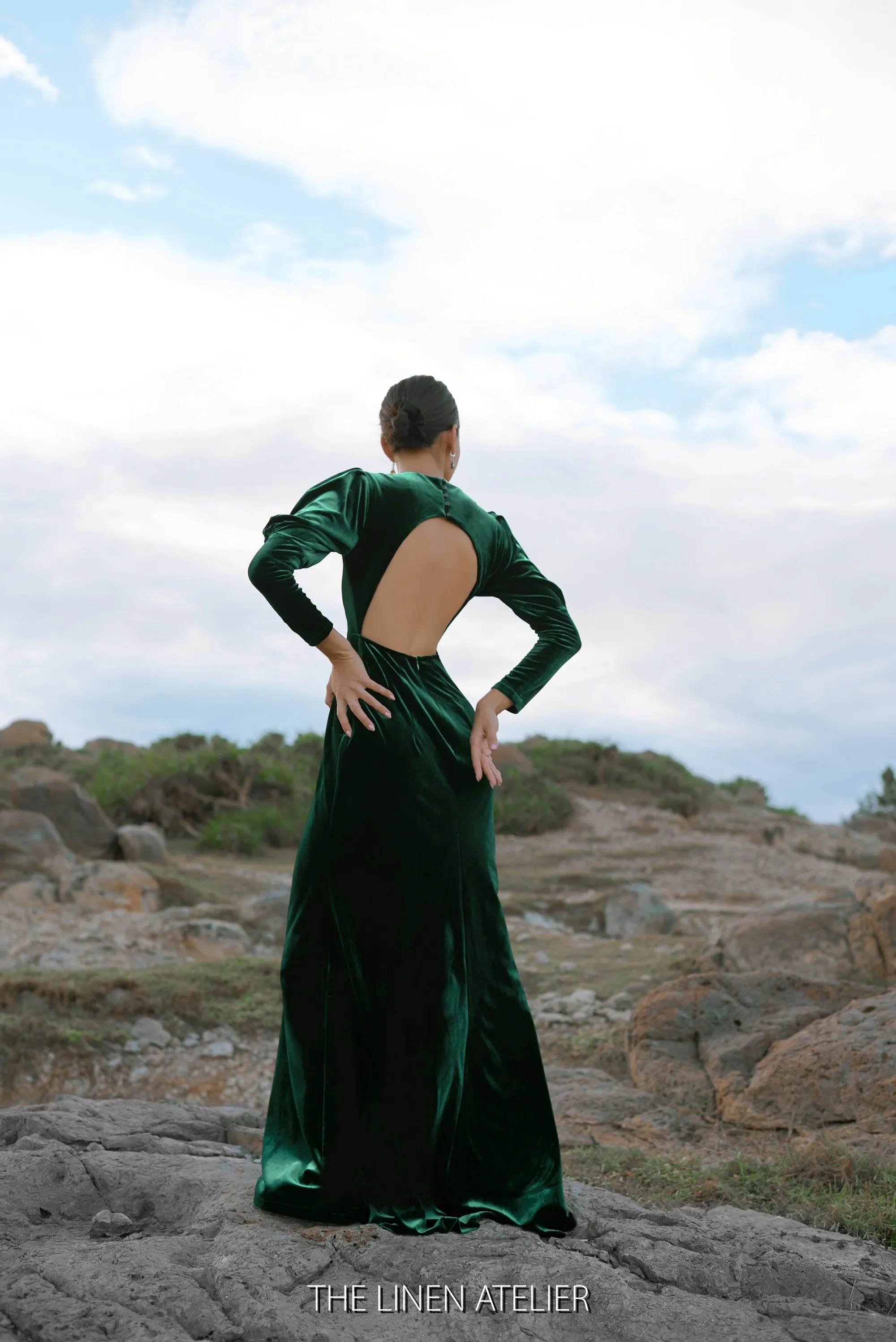 SIGNE Open Back Dark Green Velvet Dress