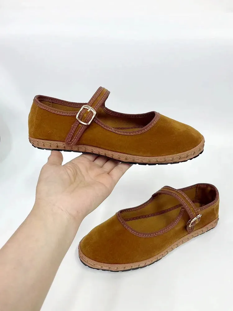 Velvet Mary Jane Shoes for Women Hand Stitch Casual Streetwear Ballet Flats Pumps Female Solid Color Red Cloth Shoes Loafers
