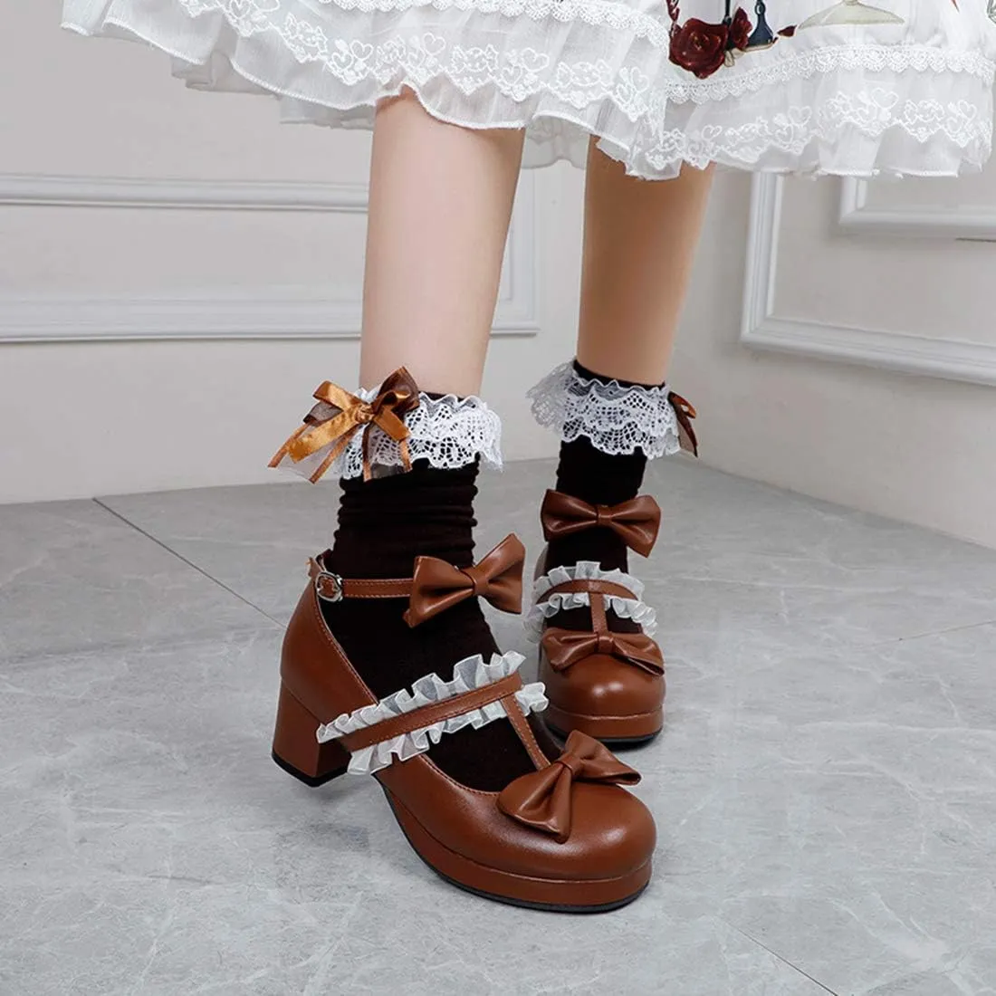 VOKLIN Women's Girls Sweet Bow Lolita Mary Janes Pumps Ankle Strap Platform Block Mid Heel Oxford Dress Shoes