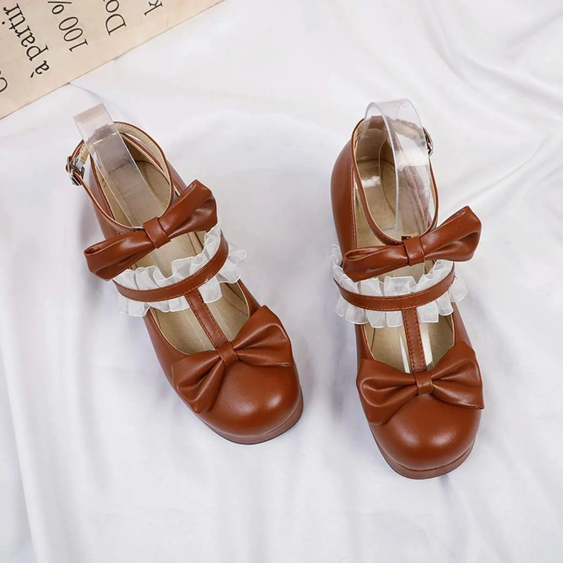 VOKLIN Women's Girls Sweet Bow Lolita Mary Janes Pumps Ankle Strap Platform Block Mid Heel Oxford Dress Shoes