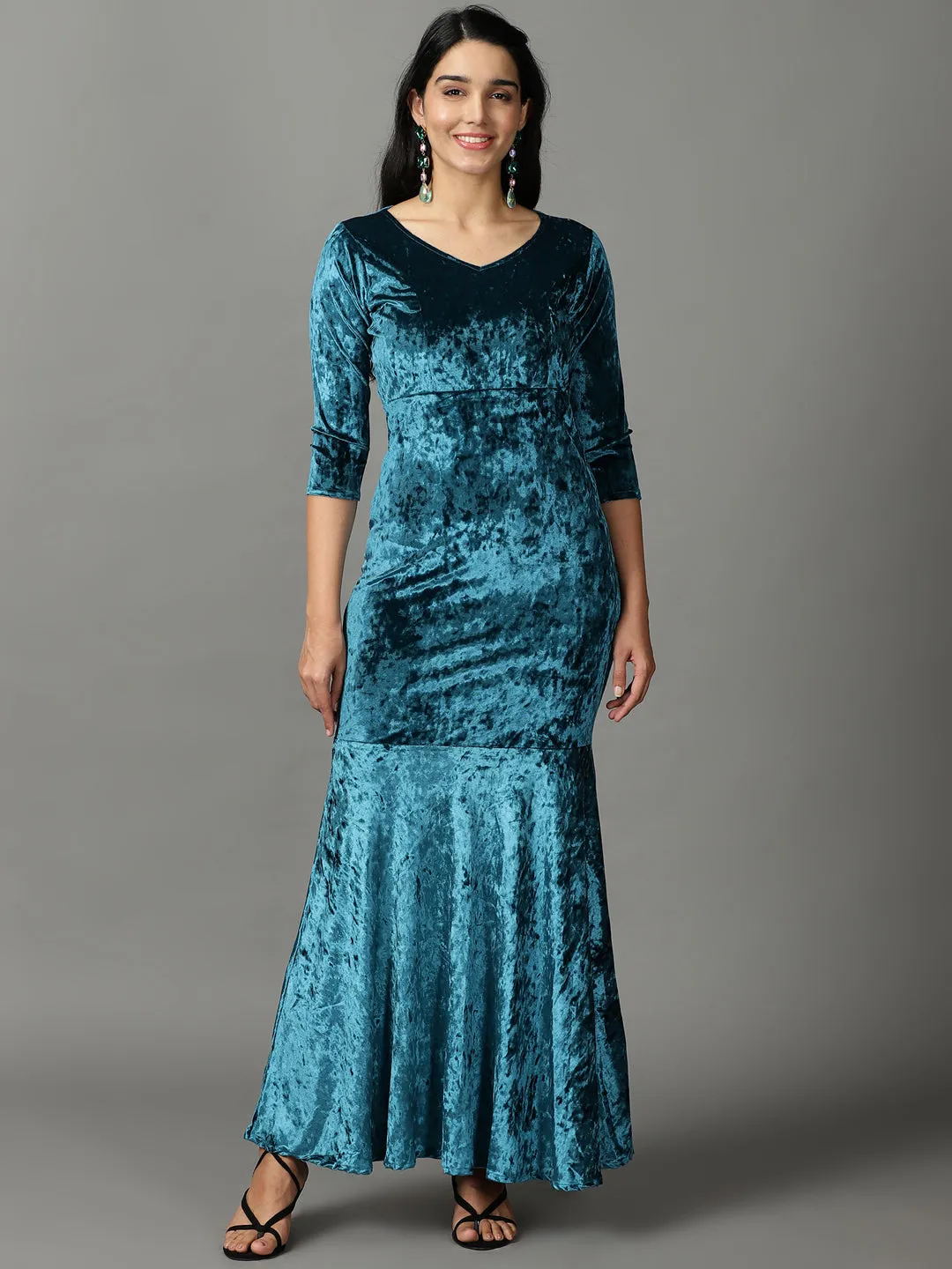 Women Turquoise Blue V-Neck Mermaid Sequin Velvet Sheath Maxi Dress