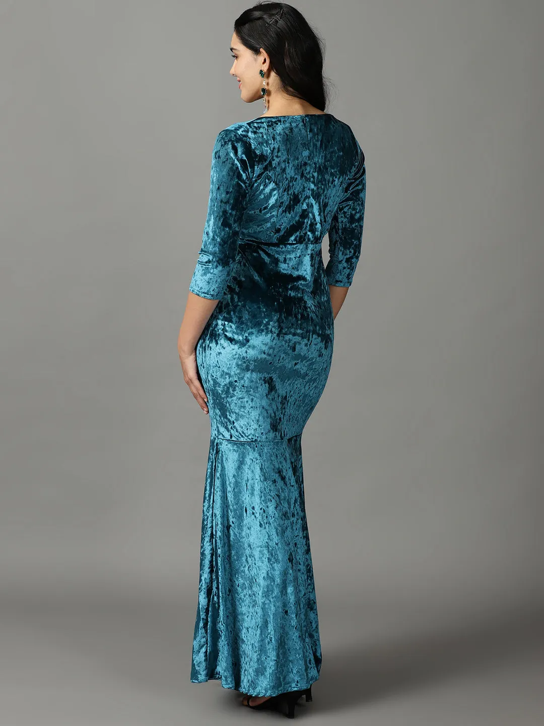 Women Turquoise Blue V-Neck Mermaid Sequin Velvet Sheath Maxi Dress