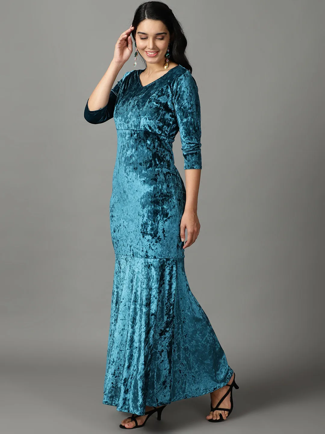 Women Turquoise Blue V-Neck Mermaid Sequin Velvet Sheath Maxi Dress