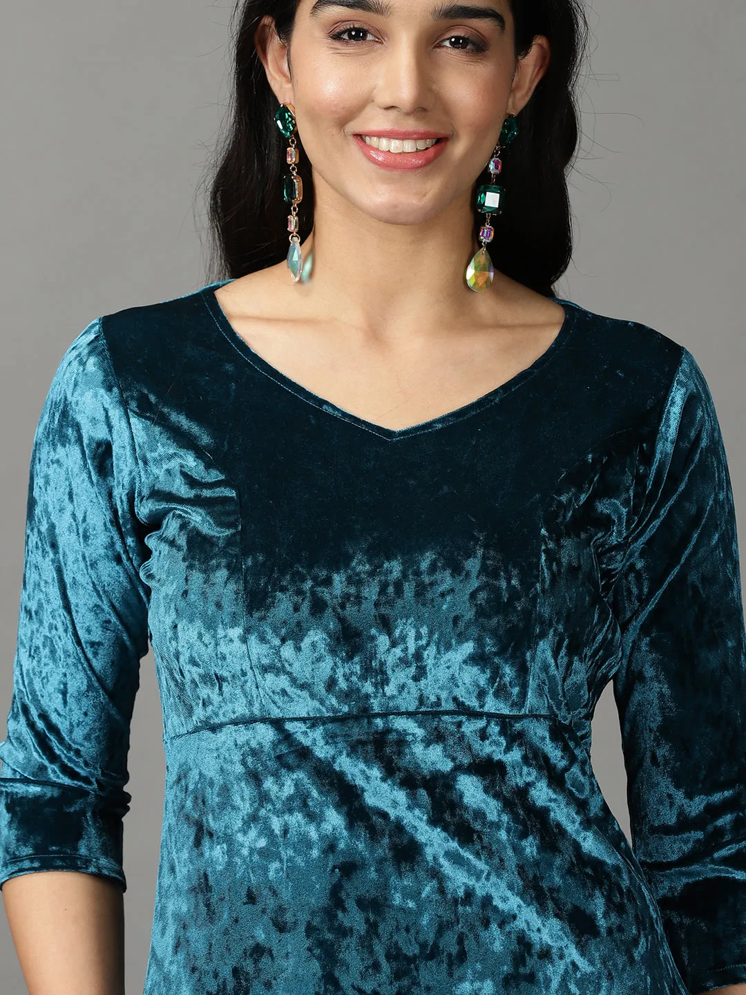 Women Turquoise Blue V-Neck Mermaid Sequin Velvet Sheath Maxi Dress
