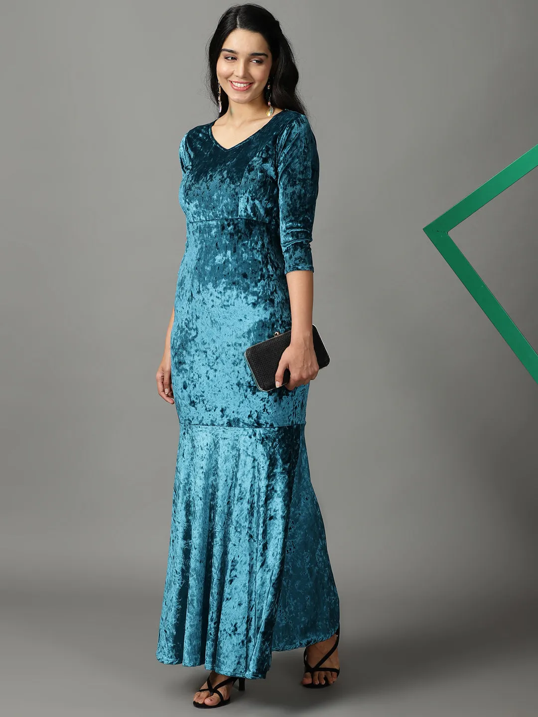 Women Turquoise Blue V-Neck Mermaid Sequin Velvet Sheath Maxi Dress