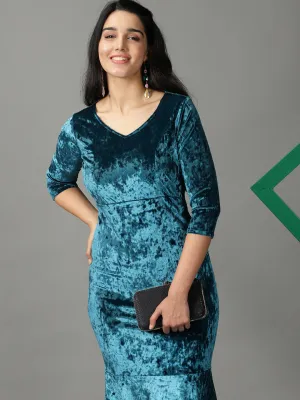 Women Turquoise Blue V-Neck Mermaid Sequin Velvet Sheath Maxi Dress