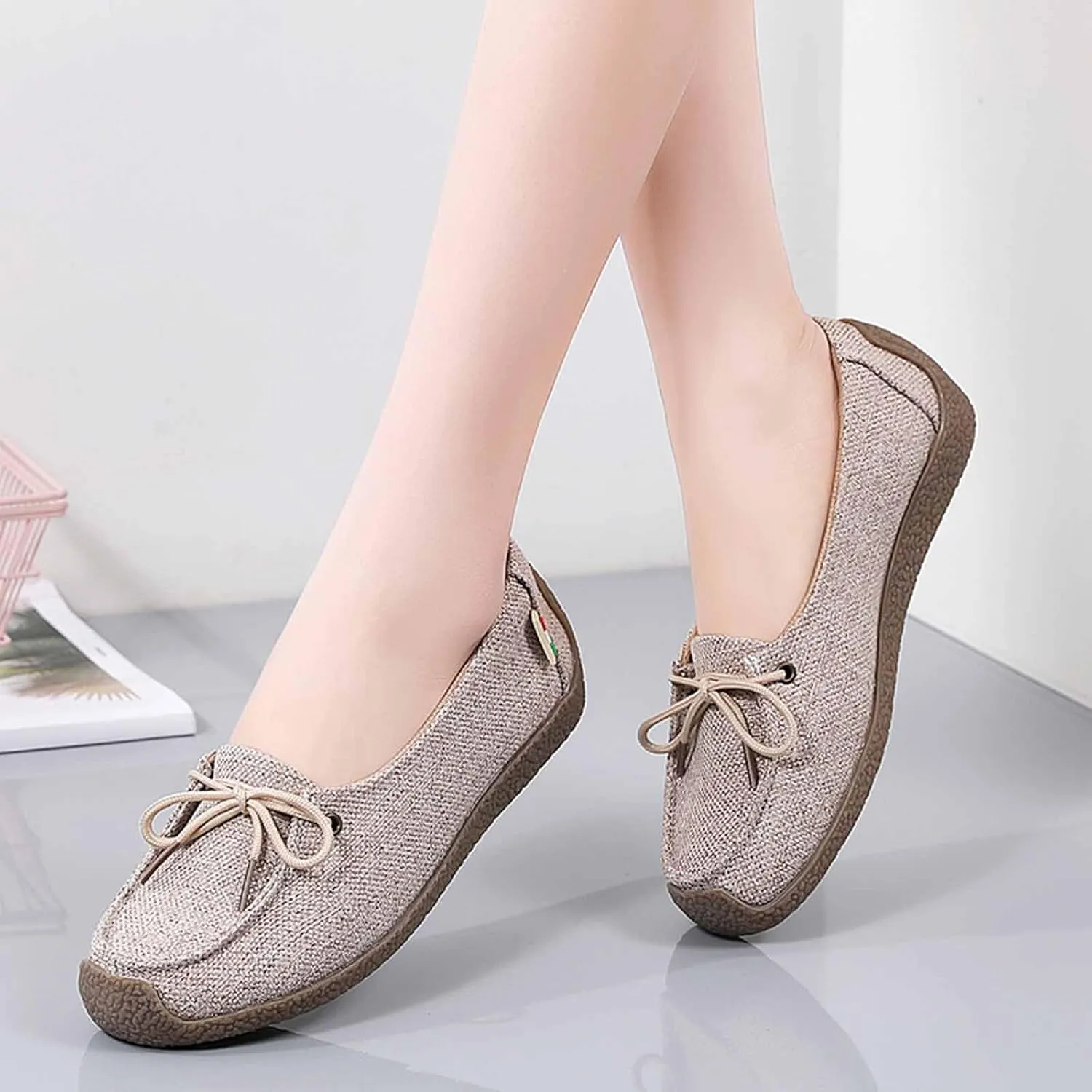 Women's Canvas Lace-up Casual Loafers,Lightweight Soft Sole Slip-on Moccasins Walking Boat Shoes,Comfortable Non-Slip Flat Fashion Sneakers