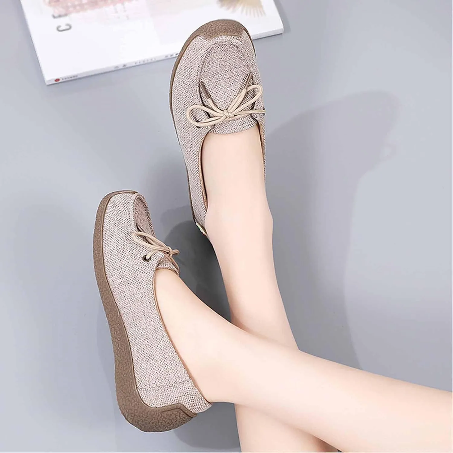 Women's Canvas Lace-up Casual Loafers,Lightweight Soft Sole Slip-on Moccasins Walking Boat Shoes,Comfortable Non-Slip Flat Fashion Sneakers