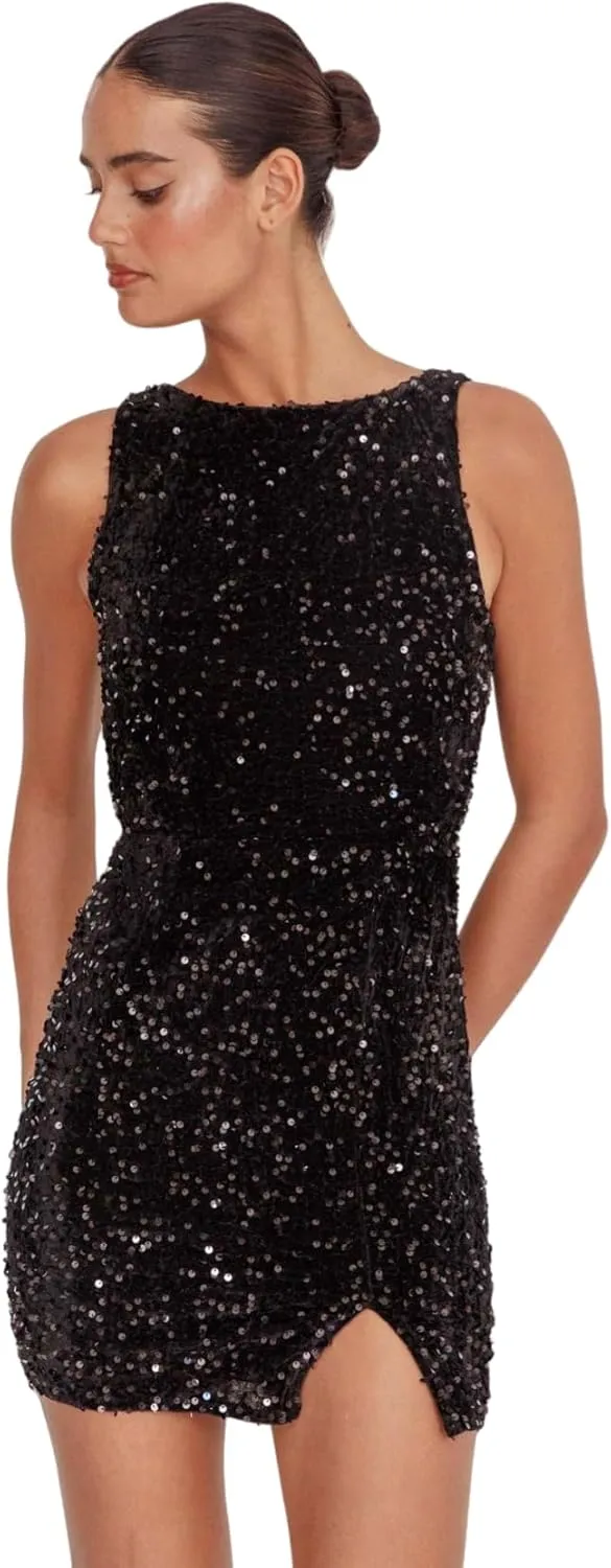 Women's Sexy Backless Sparkly Sequin Mini Dress Split Hem Glitter Velvet Tank Dress Prom Party Cocktail Dress