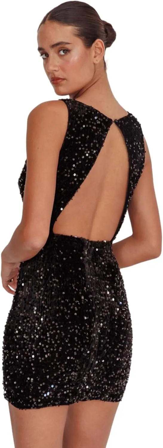 Women's Sexy Backless Sparkly Sequin Mini Dress Split Hem Glitter Velvet Tank Dress Prom Party Cocktail Dress
