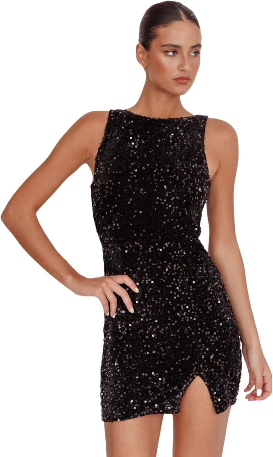 Women's Sexy Backless Sparkly Sequin Mini Dress Split Hem Glitter Velvet Tank Dress Prom Party Cocktail Dress